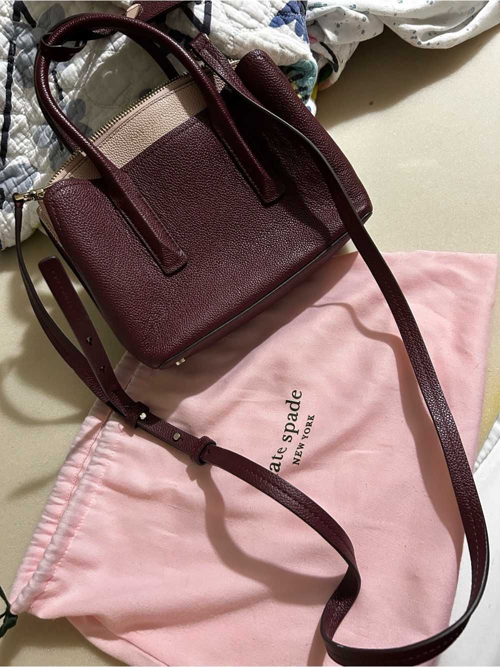 kate spade Burgundy and Cream Pebbled Leather Mini Satchel